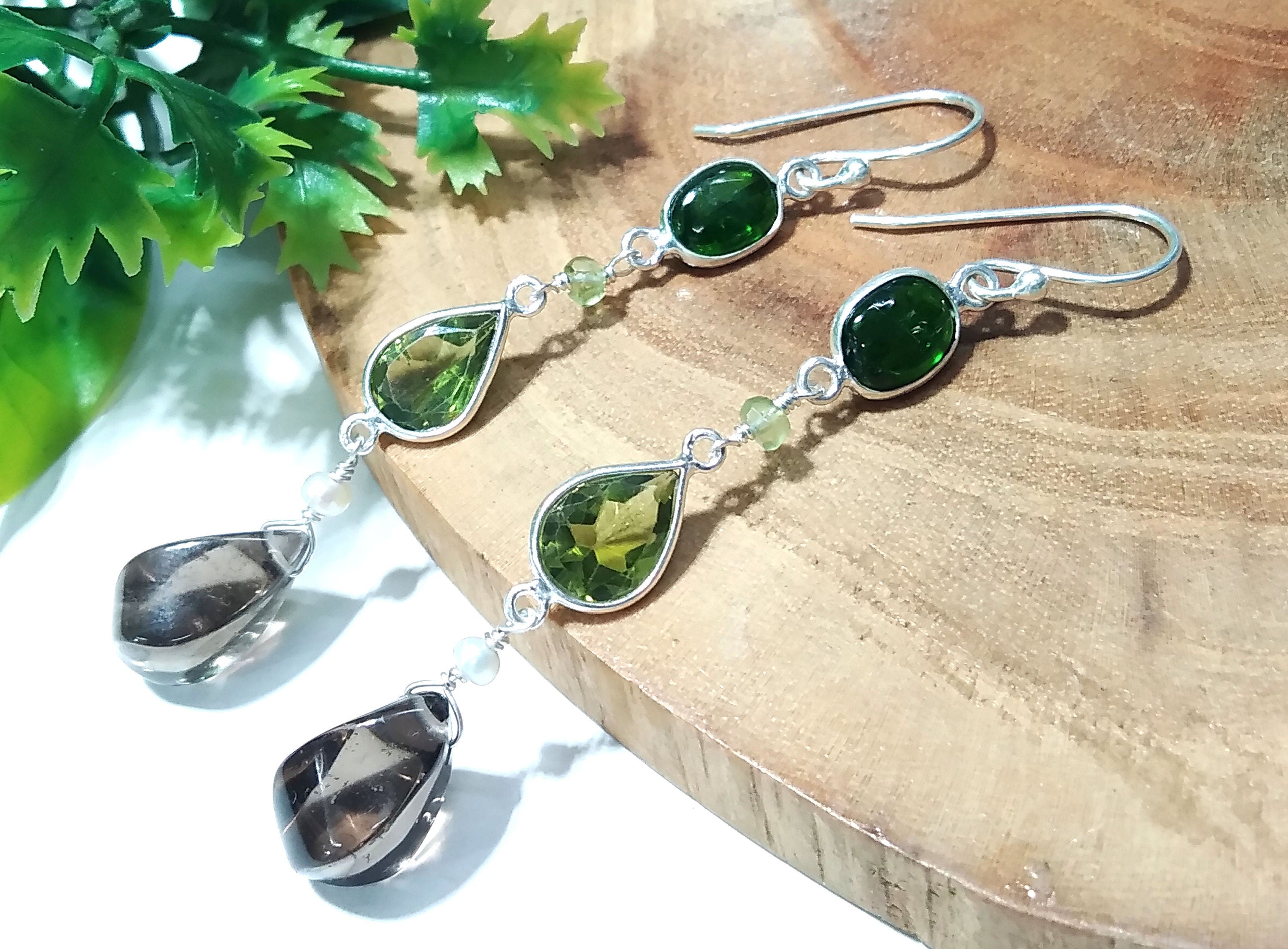 Natural Green Tourmaline/Peridot And Smoky Quartz Stone Earring, 925 Starling Silver Earring Handmade Making Jewelry Earring, Gift For Women